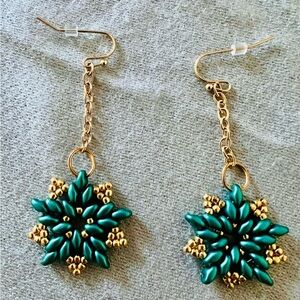 Elegant Gold and Green Star Handmade Beaded Earrings